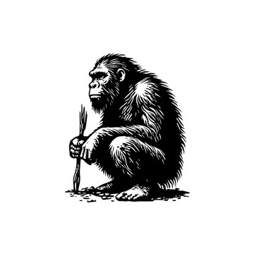 Black and White Illustration of a Crouching Gorilla Holding a Stick.