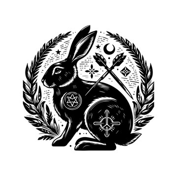Black Rabbit with Mystical Symbols and Laurel Wreath.