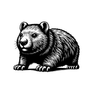 Detailed Black and White Illustration of a Cute Fluffy Baby Bear.