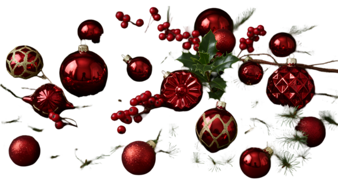 Isolated Christmas Decorations Red Baubles On Transparent Background Photo