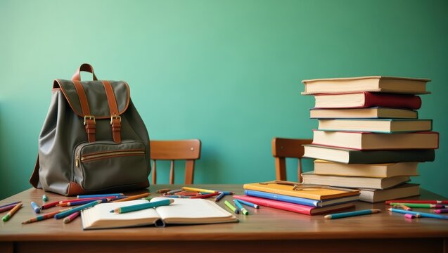School supplies arranged on a wooden table. - Powered by Adobe