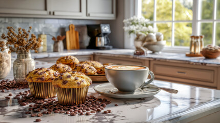 Freshly baked muffins with chocolate chips are displayed on a marble countertop beside a steaming cup of coffee, creating a cozy kitchen atmosphere for delightful moments