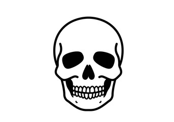 A simple black and white illustration of a skull with dark eye sockets and teeth