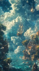 Sailing Ship Amidst Clouds and Islands with Fantasy Atmosphere