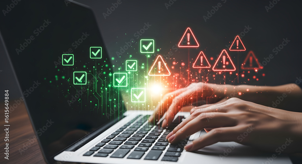 Poster hands type on a laptop with checkmarks and warning signs displayed on the screen.