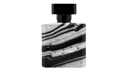 Isolated Perfume Bottle with Black Lid and Marble Texture on Transparent Background