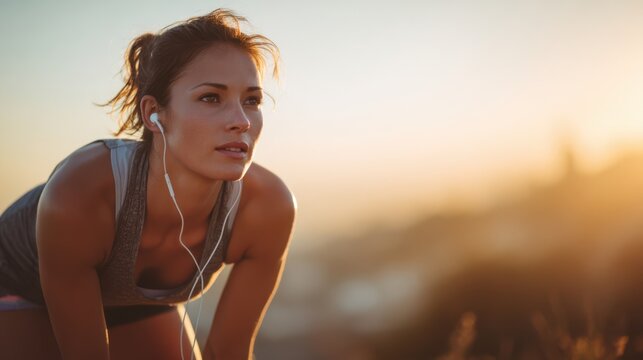 A woman with a focused expression bends forward while wearing earbuds and athletic clothing. The golden hues of the sunset create a serene atmosphere as she mentally prepares for her run