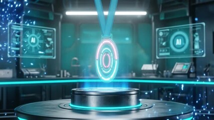 A glowing circular ai interface is displayed on a pedestal in a futuristic laboratory with digital screens - Powered by Adobe