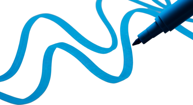 Bright blue neon light tube abstract wave shape illuminated and isolated on transparent background