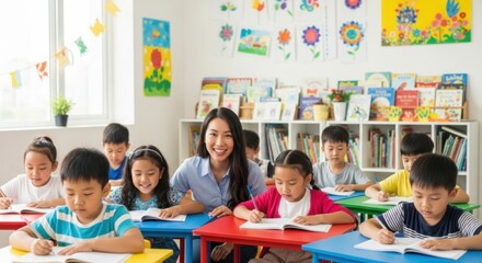 Young Asian Teacher Smiling and Helping Students in a Bright Classroom Environment