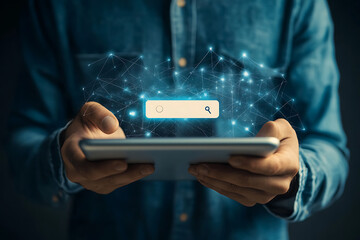 Person using a tablet with a glowing search bar and digital connections