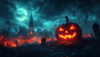 Glowing Jack O Lantern in a spooky graveyard with haunted castle and full moon halloween