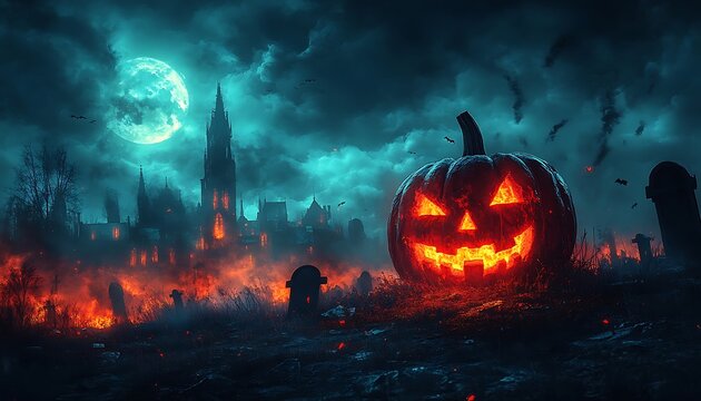 Glowing Jack O Lantern in a spooky graveyard with haunted castle and full moon halloween