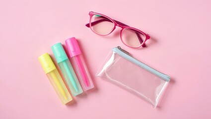 Flat Lay of Pink Eyeglasses, Colorful Highlighters, and a Transparent Pencil Case on a Pink Background for School Supplies and Creative Concepts