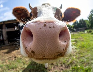Funny Close-Up Cow Nose in Farm Setting