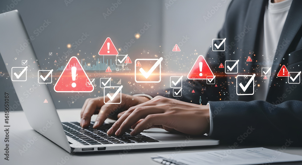Poster man typing on laptop with floating checkmarks and warning signs, suggesting risk assessment or compl