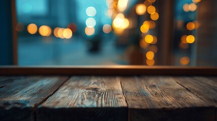 Rustic wooden table top in front of a blurred city