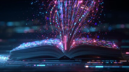 A glowing digital marketing playbook flipping upside down, pages breaking into streams of AI data, cyberpunk neon, cinematic, 16_9 91_51 --motion low 1 1_4K_10s