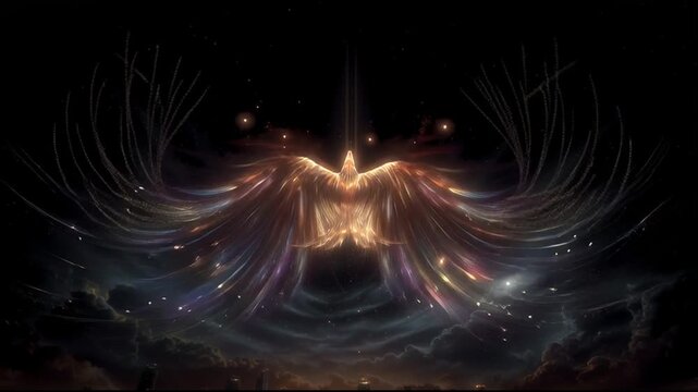 A futuristic phoenix made of electric neon lights rises over a dark cityscape