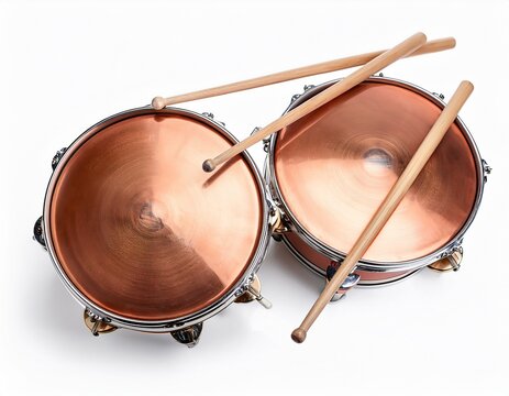 two copper timpani drums isolated on a white background