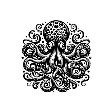 Intricate Black and White Stylized Octopus with Swirling Tentacles.
