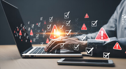 Person working on laptop amidst digital security alerts and confirmations.