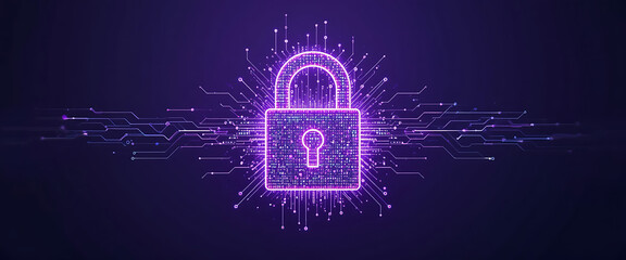 Abstract pop up cyber protection 3d digital lock which created by millions of tiny golden glowing particles connected by glowing lines, in a solid minimalist dark purple gradient texture background, 