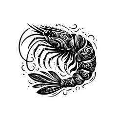 Intricate Black and White Stylized Shrimp Illustration with Swirling Ornaments.