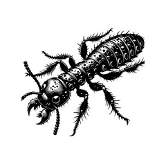 Intricate Black and White Stylized Termite Illustration with Detailed Texture.