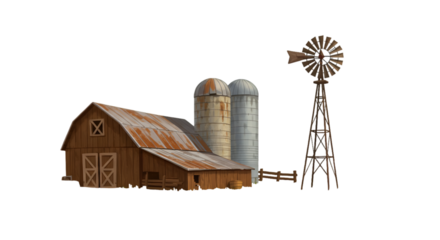Isolated Illustration of a Wooden Barn with Silos and Windmill in Brown