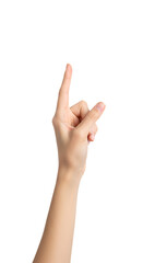 Naklejka premium Isolated Hand Gesturing Index Finger Up On Black Background Photo