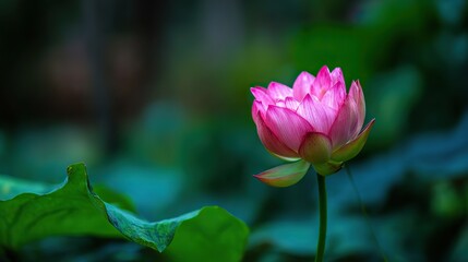 Obraz premium A pink lotus blooms in the center of an outdoor garden, showcasing delicate petals, intricate patterns, and natural tranquility with sacred geometric symbolism.