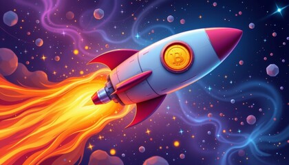Bitcoin rocket launching into a spa a futuristic adventure in a cosmic setting