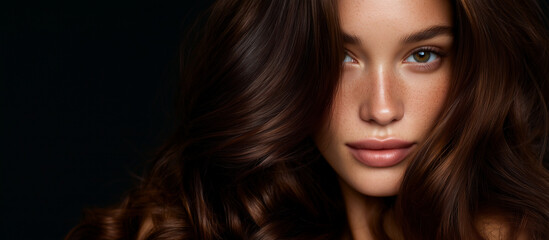 Naklejka premium Beauty campaign close-up of a model with glossy brown hair cascading over her shoulders beauty advertising, perfect hair, sleek shine, product model, luxury aesthetic