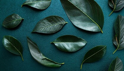 dark green leafy foliage against a teal spotted leather texture background botanical dark green
