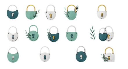 Isolated Padlock Illustration with Key and Leaf Element Design on White Background