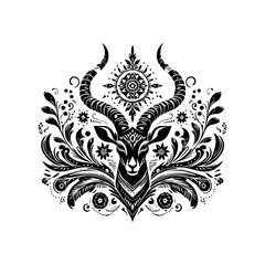 Intricate Black Silhouette of an Antelope Head with Ornate Floral Embellishments.