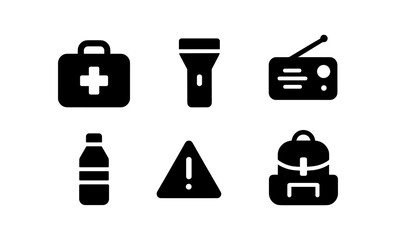 Essential survival icons: first aid kit, flashlight, radio, water bottle, warning sign, backpack