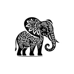 Intricate Black Tribal Elephant Silhouette with Floral and Swirl Patterns.