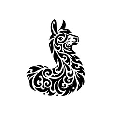 Intricate Black Tribal Llama Silhouette with Swirling Ornate Patterns.