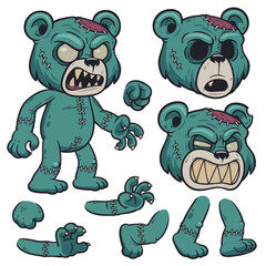 Cartoon Zombie Bear Character Set – Angry Expressions and Separated Body Parts for Animation