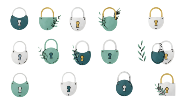 Isolated Padlock Illustration with Key and Leaf Element Design on White Background