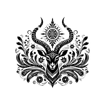 Intricate Black Silhouette of an Antelope Head with Ornate Floral Embellishments.
