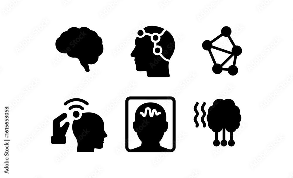 Poster brain and technology icon set featuring artificial intelligence neural network
