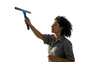 Isolated Photo Of A Professional Female Cleaning Windows with Squeegee Tool