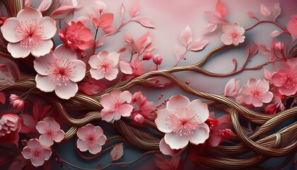 intricate cherry blossom branch weaving together with delicate vines and leaves leaves cherry blossoms
