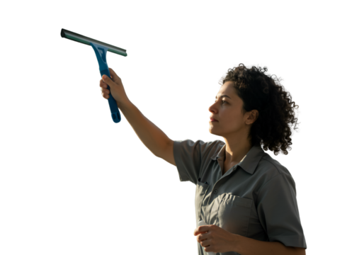 Isolated Photo Of A Professional Female Cleaning Windows with Squeegee Tool