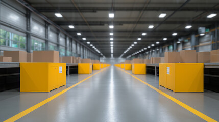 A long, wide shot of an automated modern warehouse interior with yellow shipping containers on conveyor belts, emphasizing logistics and supply chain.