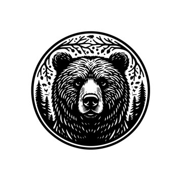 Majestic Black Bear Head Emblem with Forest Scene and Wildlife.