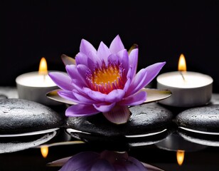 lit tealight candles and purple lotus flower on dark stones purple flower